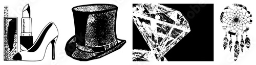 Classic glamour symbols stiletto heel shoe, luxury lipstick, top hat, vintage fashion, chic accessories, runway props, beauty and style.