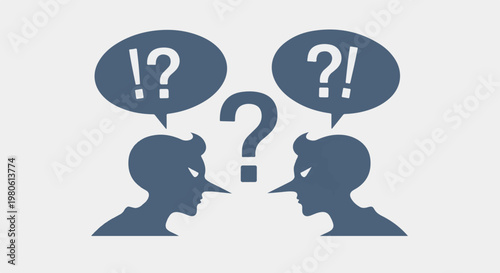 Two figures with long noses, in profile, facing each other with question marks and speech bubbles