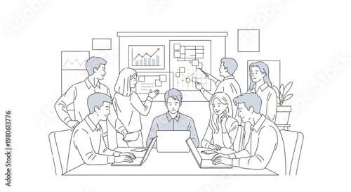 Business team collaborating during a strategic office meeting illustration.