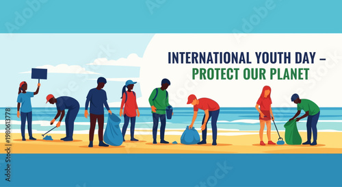 Diverse Group of Young Volunteers Cleaning Beach Trash for International Youth Day.