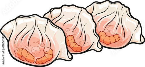 Three plump dumplings with visible shrimp filling, presented with a playful cartoon style