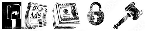 Vector representing communication, advertising, finance, security, and law. Mailbox, newspaper, cash, padlock, gavel each with halftone texture and bold for graphic design use.