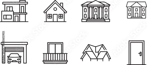 Minimalist house line icons set, modern residential building vector elements, architectural property and real estate symbols for web design