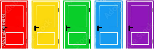 Five colorful doors in a row red, yellow, green, blue, and purple, each with a black handle