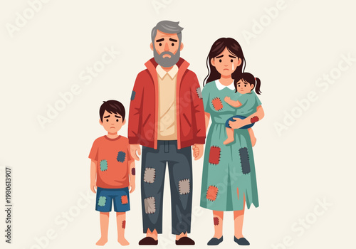 Sad Poor Family in Ragged Patched Clothes Illustration Representing Poverty and Social Crisis