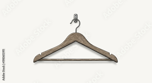 A rustic wooden hanger is suspended from a metal hook on a plain wall