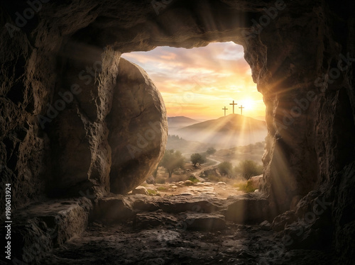 Ancient Tomb Cave Opening to Sunrise Over Three Crosses on Hill