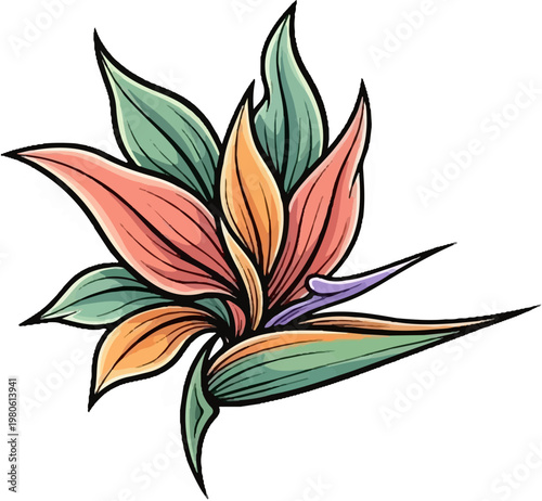 Vibrant tropical bird-of-paradise flower illustration with lush green leaves and exotic petals