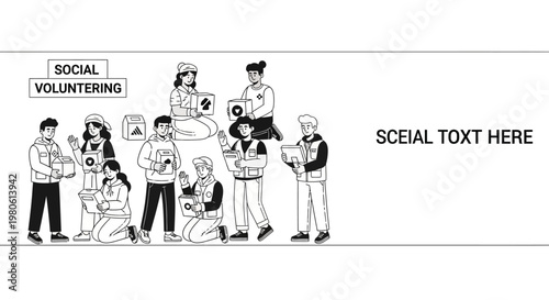 Group of volunteers participating in social service activity line art illustration.