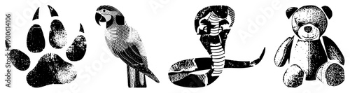 Black and white halftone prints of a paw print, parrot, cobra, and teddy bear, classic graphic style, isolated vector elements, nostalgic design.