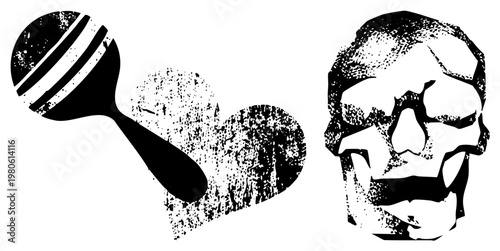 Black and white vector graphic of honey dipper and skull, halftone texture, isolated elements, bold, gritty aesthetic, graphic art.