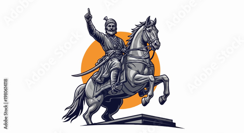 A pixelated, grayscale statue depicts a man on horseback against an orange circle background