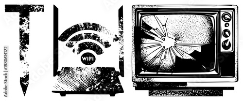 Retro with shattered glass screen, wireless router emitting waves, distressed letter T, halftone vector art, tech nostalgia.