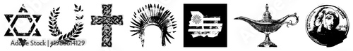 Star of David, laurel, Celtic, headdress, Greek flag, lamp, coin. Cultural symbols, graphic elements, isolated vector art.