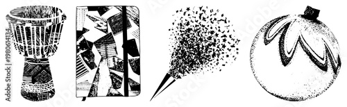Stylized graphic compositions with fragmented shapes, halftone textures, and bold. Includes drum, notebook, confetti burst, and ornamental sphere. Modern art vector design.