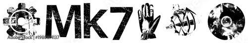Vector featuring gear, "Mk7" text, glove, engine, and disc grunge style, industrial design, mechanical symbols, technical graphics, isolated elements.