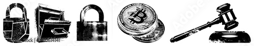 Bitcoin digital currency coins stacked, gavel symbolizing legal enforcement, blockchain technology, crypto regulation, financial justice, digital asset law, decentralized finance.