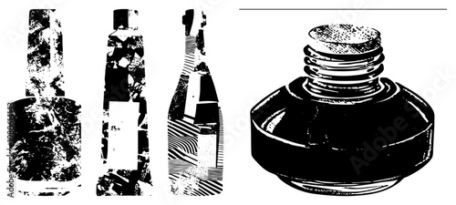 Classic writing implements, ink reservoirs, calligraphy tools, historical stationery, graphic, textured vector design.