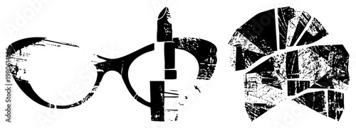 Stylized vector art featuring eyeglasses, lipstick, and fractured hair silhouette, textured with halftone grain, isolated cutout design.