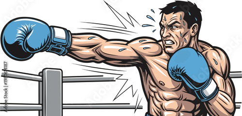 Muscular boxer in blue gloves throws a punch in a ring, sweating and determined