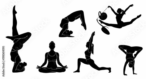 Silhouettes of women performing various yoga and rhythmic gymnastics poses
