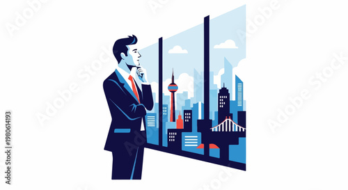 Thoughtful businessman in suit contemplating city skyline from window