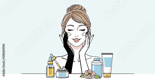 Woman applying facial cream with various cosmetic products arranged before her