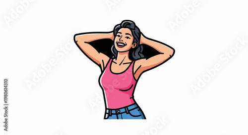 Young woman with dark hair smiles broadly, arms raised behind head