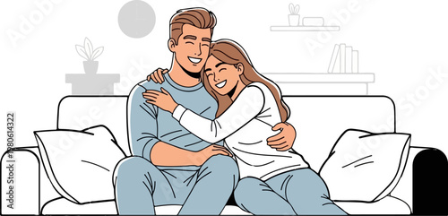A couple hugs on a couch, embracing warmly in a simple, bright illustration
