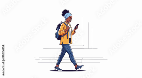 Stylized cartoon of a young woman with a backpack walking while looking at her phone