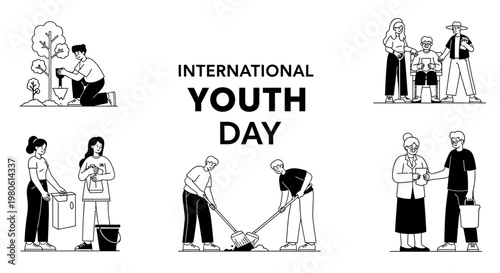 International Youth Day volunteer activities collection with young people helping community.