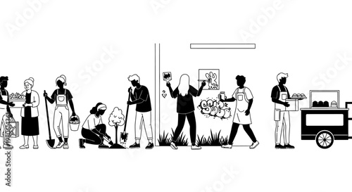 Diverse group of people performing various urban community activities and street work.