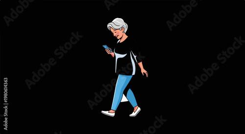 Elderly woman with gray hair, smiling, walks while using a smartphone