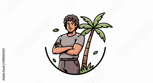 A man with arms crossed stands by a palm tree within a circular frame, with scattered leaves