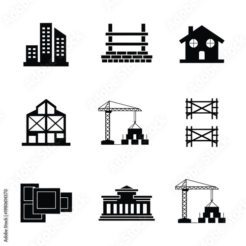Construction and housing silhouette icons set, home building scaffolding crane frame, architecture conference banner, contractor expo branding, silhouette vector