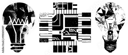 Stylized lightbulb vector graphics with internal circuit motifs, halftone textures, and fragmented geometry, ideal for tech or innovation themes.