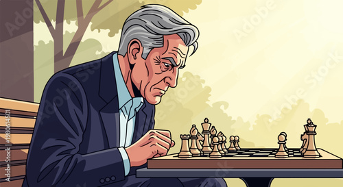 Elderly man in suit intently playing chess on a park bench under dappled sunlight
