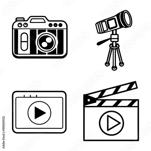 A set of four black and white vector icons representing various filmmaking and photography tools.