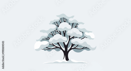 A stylized, bare tree draped in fluffy white snow against a pale blue background