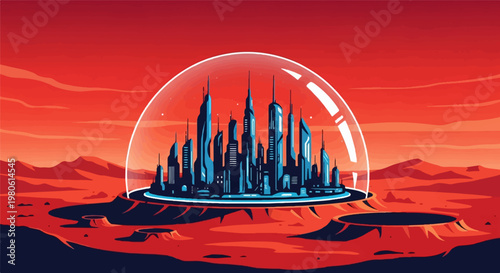 Futuristic city dome on alien terrain under a red sky