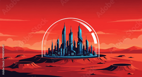 A pixelated sci-fi city dome shelters futuristic skyscrapers on a red, cratered alien planet under a fiery sky