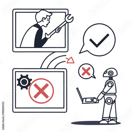 A robot and a man interact with screens displaying a wrench and a gear with a red X, symbolizing technology and problem-solving.
