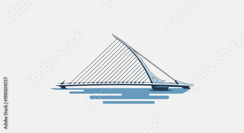 A modern cable-stayed bridge with a distinctive triangular pylon, rendered in a simple, stylized manner