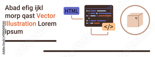 Web development, coding, programming education, e-commerce, software development, modern technology. Code editor with HTML and code tags, and a package symbol. Web development and coding concept