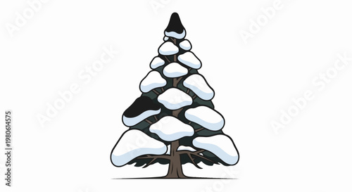 Stylized evergreen tree dusted with snow, featuring dark branches beneath white clumps