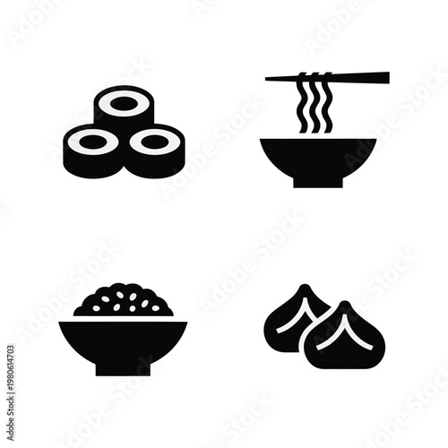 Japanese food icons, sushi rolls, ramen bowl, rice bowl, chopsticks, dumplings, minimal silhouettes, restaurant branding, takeaway packaging, menu design