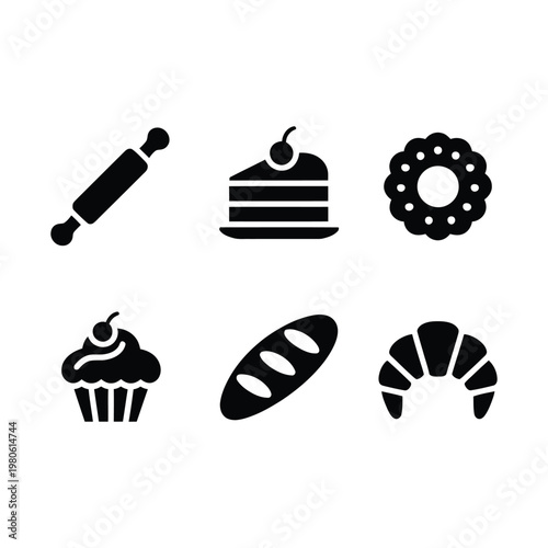 Home baking icon set, rolling pin cupcake cookie donut and bread symbols, holiday kitchen class poster vector illustration design