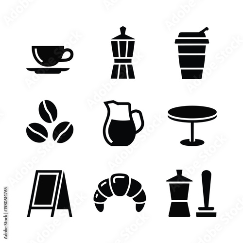 Cafe breakfast icon set, coffee beans cups jug croissant moka pot menu board symbols, brunch event flyer vector design