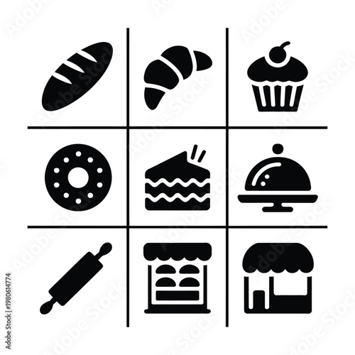 Bakery shop grid icons, bread croissant cupcake donut cake cloche rolling pin oven and storefront, pastry festival vector illustration
