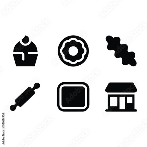 Pastry and confection icons, cupcake donut candy, rolling pin, label square, storefront kiosk, bakery festival, dessert fair vector silhouette